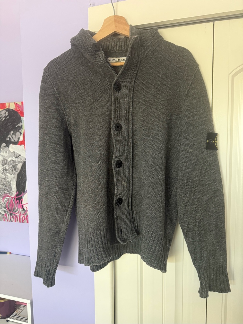 Stone Island EUC Charcoal Gray Zipper & Button-Up Wool Hoodie Cardigan